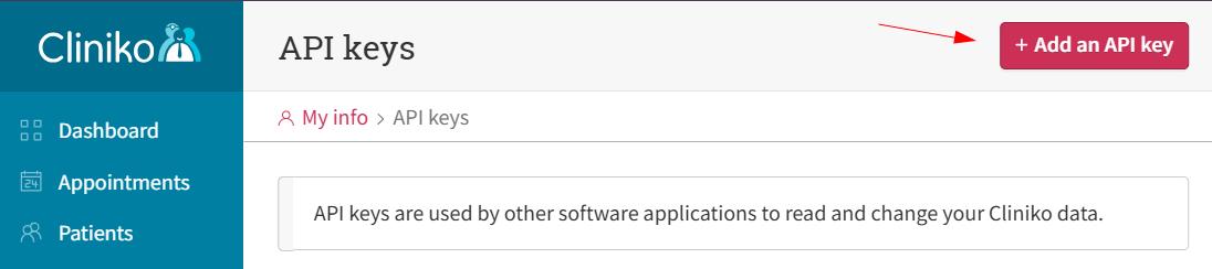 Cliniko "Add an API key" button.