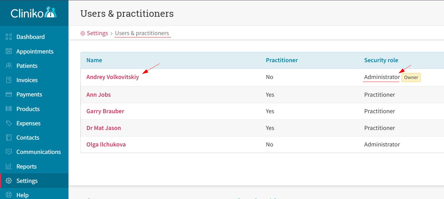 Cliniko user settings showing the API key permission toggle.
