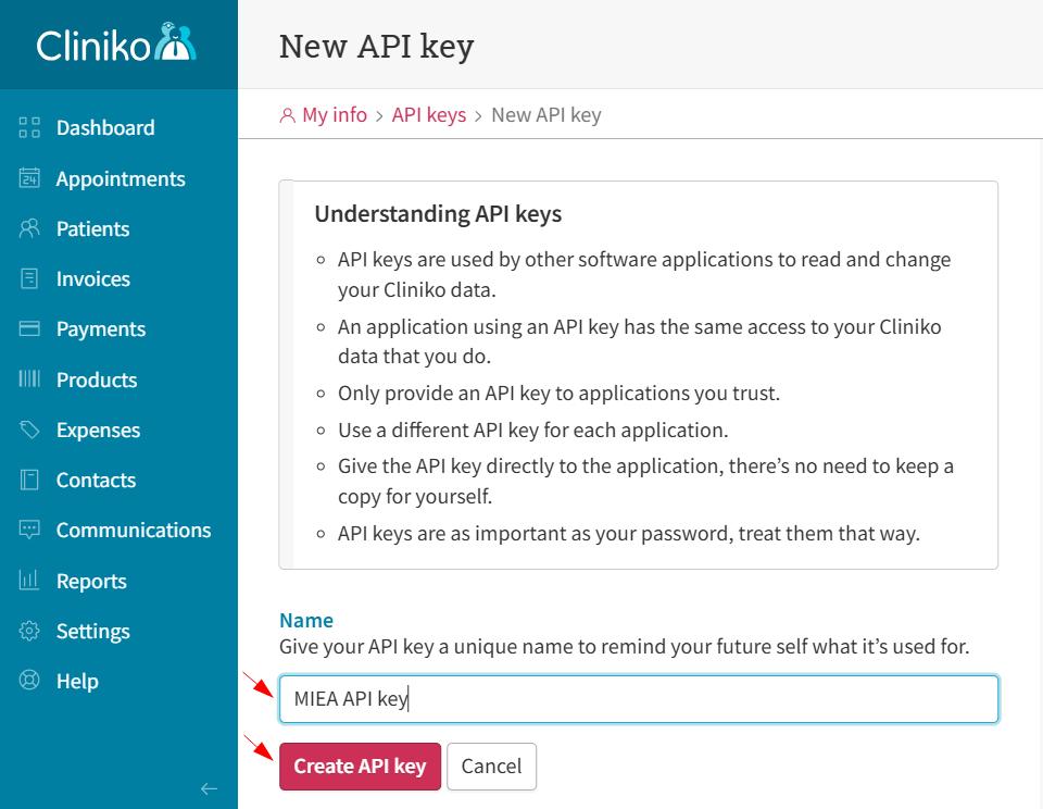 Cliniko API key creation form with a sample name.
