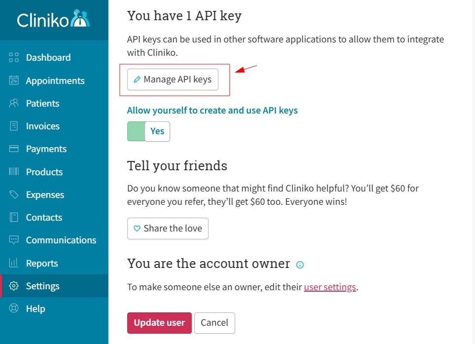 Cliniko screen with "Manage API keys" button highlighted.