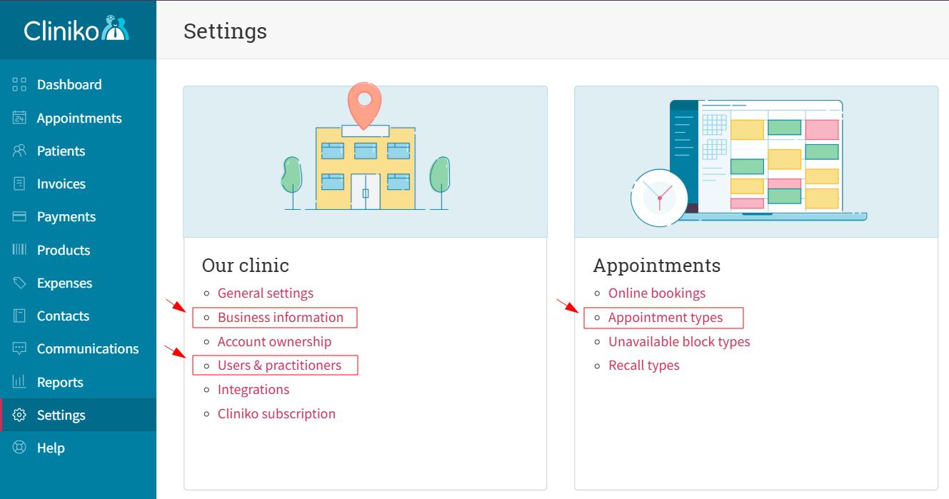 Cliniko settings showing Business information, Users & practitioners, and Appointment types.
