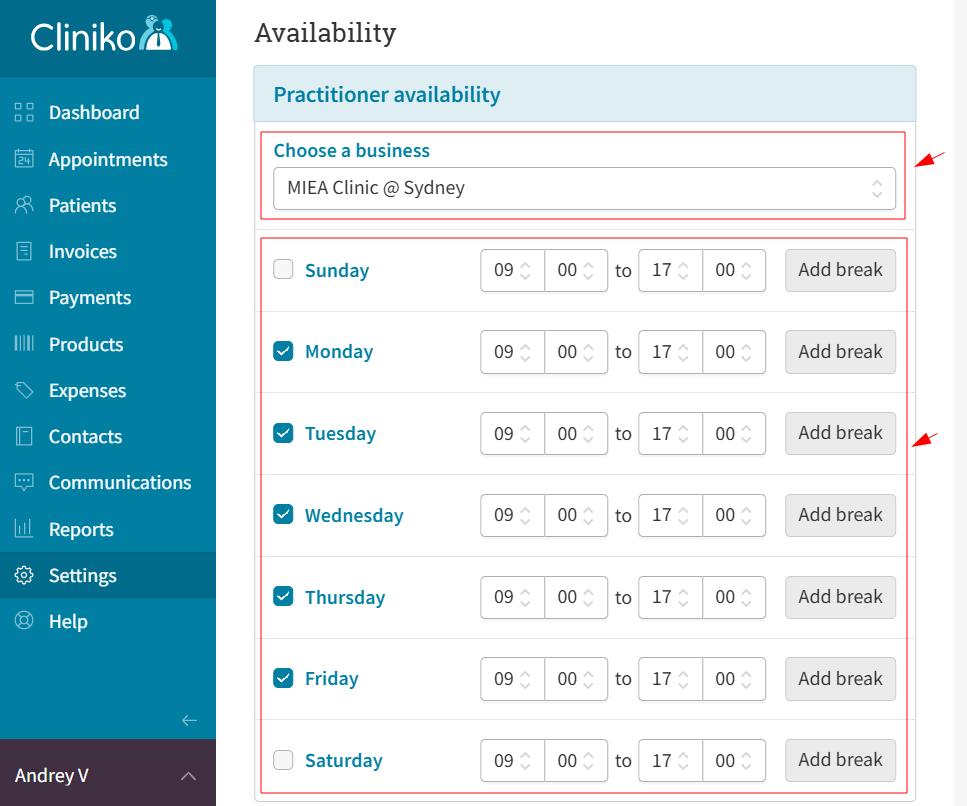 Cliniko schedule setup for a practitioner in a specific business.