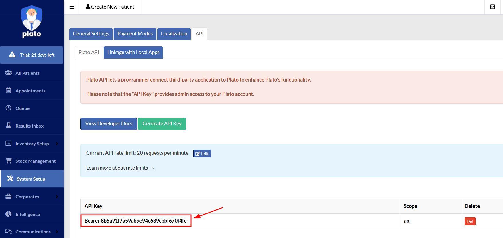 Plato API key management screen.
