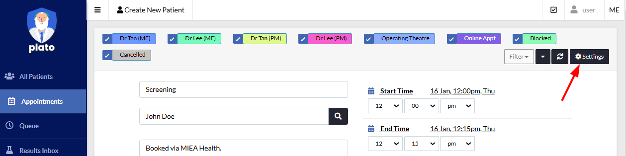 Plato Settings button for changing appointment statuses.