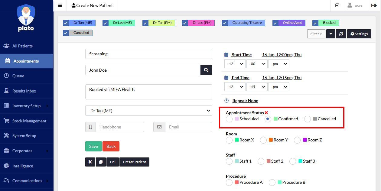Plato appointment statuses screen showing the three required statuses.